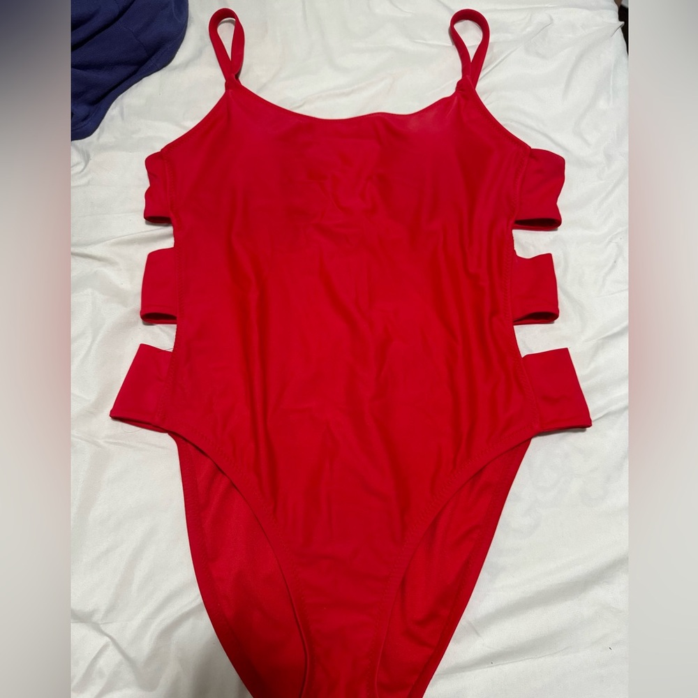 Red One Piece Swimsuit With Cut Outs on Sides